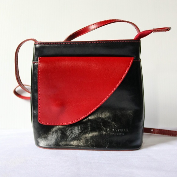Vera Pelle Black & Red Leather Crossbody Purse Made in Italy Travel - Picture 1 of 8